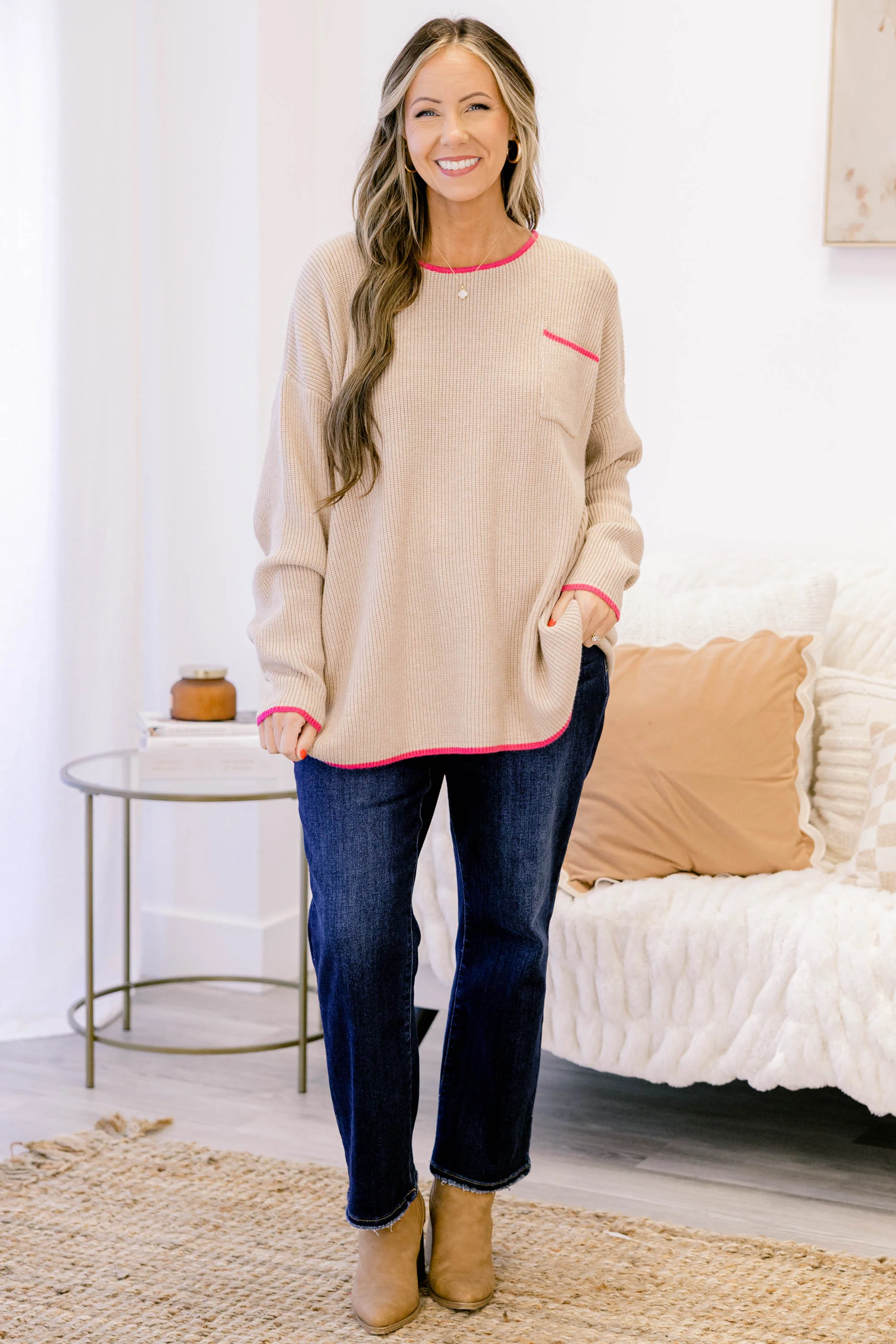 Can't Keep Going Sweater, Taupe-Pink - Image 3