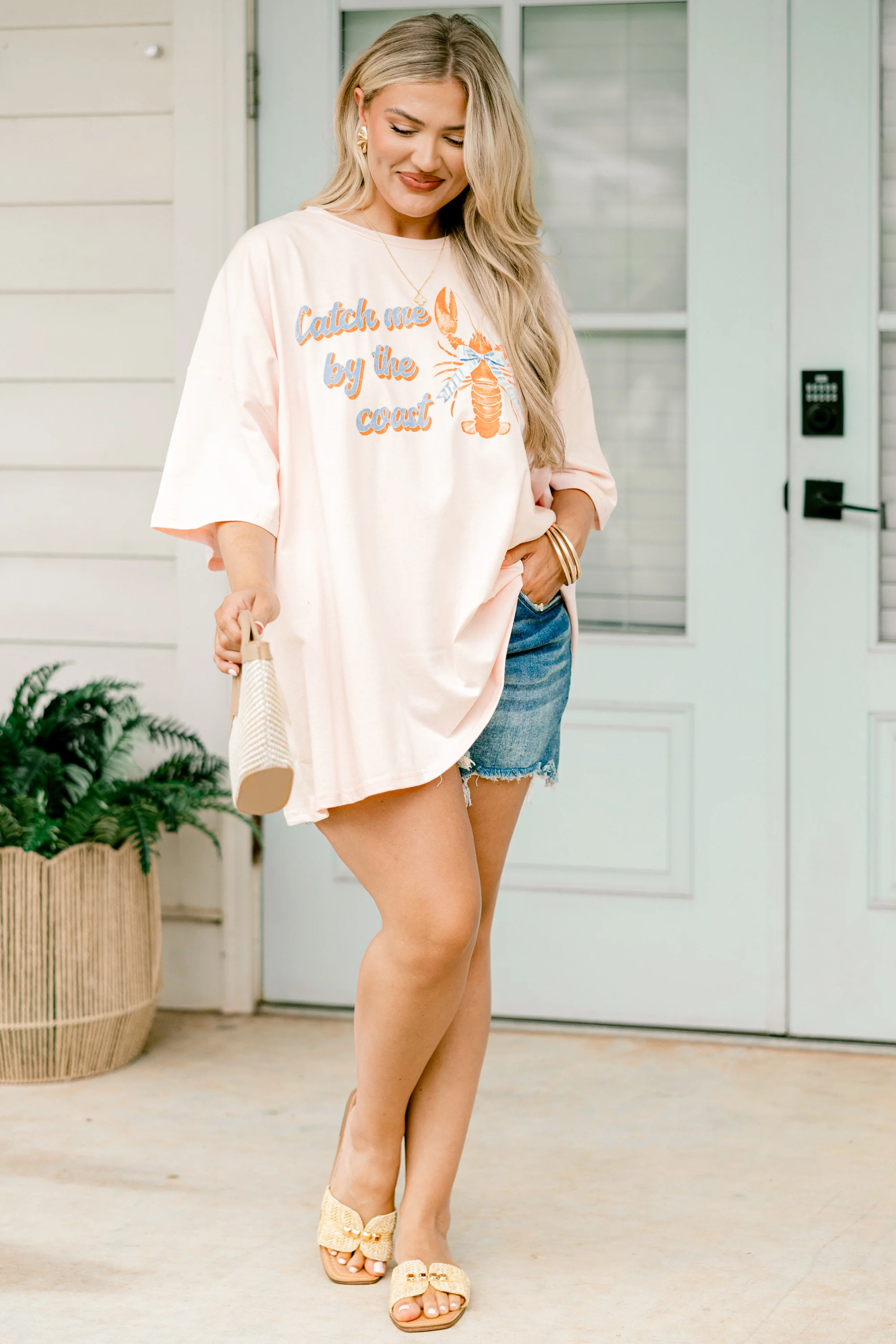 Catch Me on the Coast Boyfriend Tee, Cream Pink - Image 2