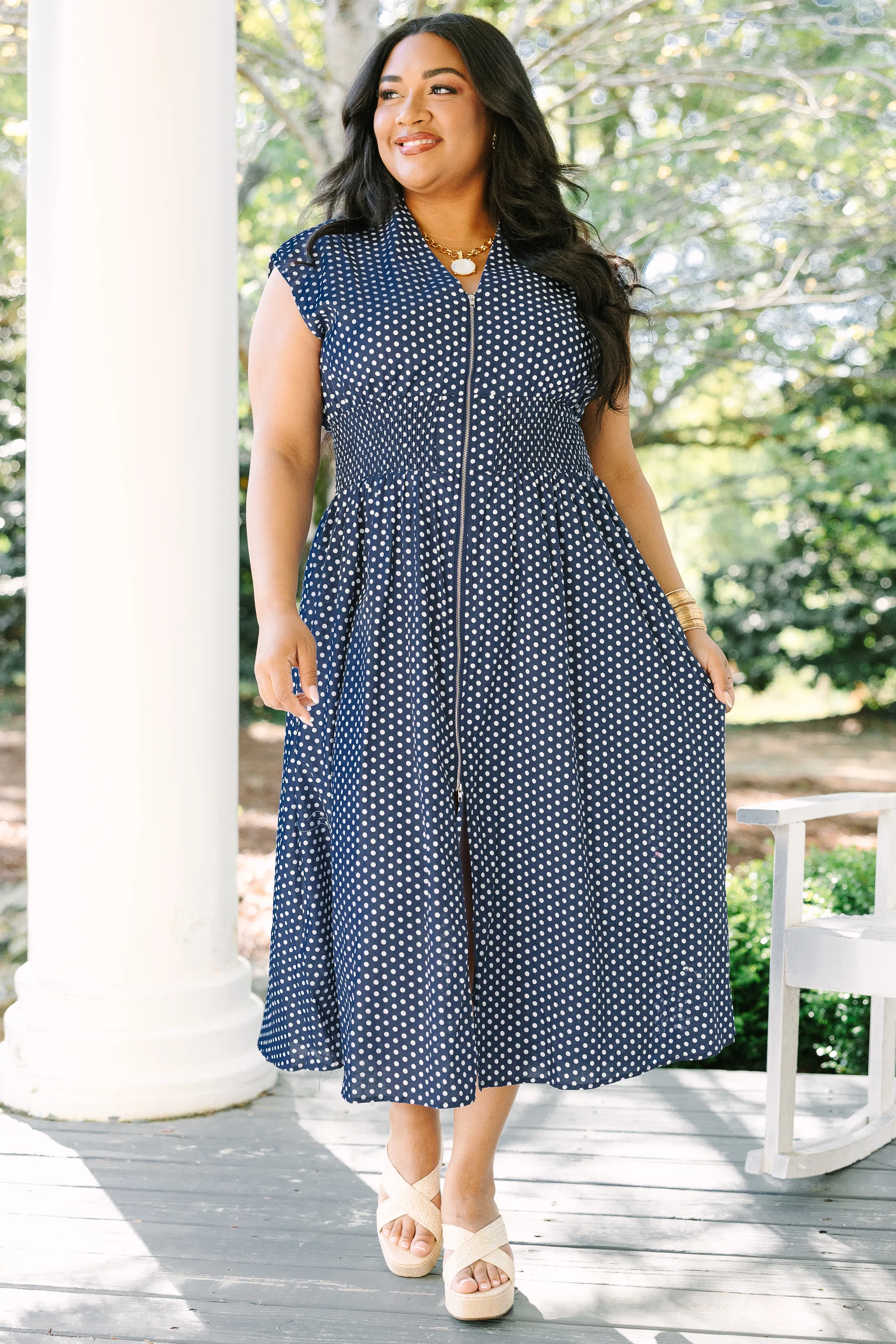 Late Night Skies Dress, Navy Polka Dot - Image 2