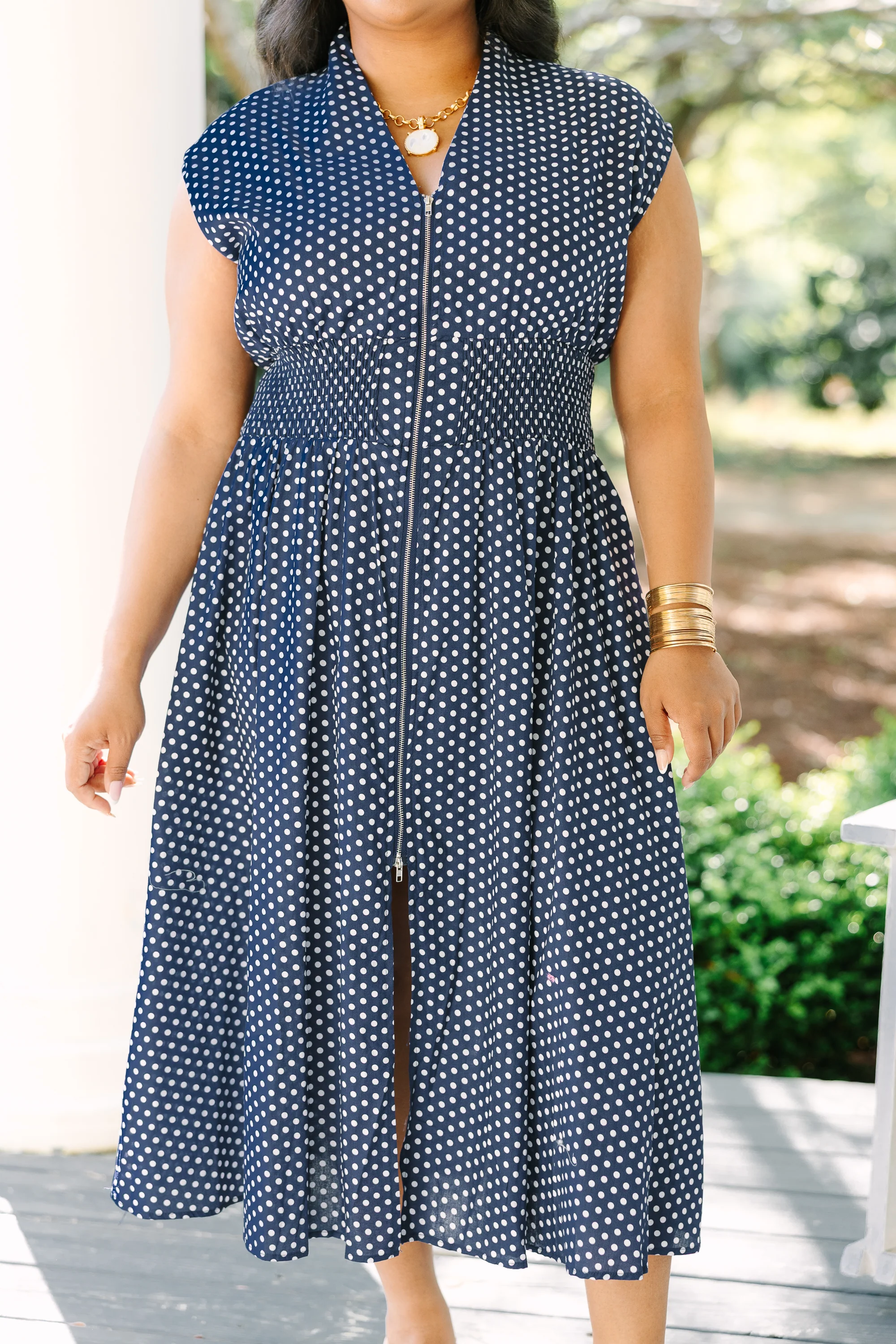 Late Night Skies Dress, Navy Polka Dot - Image 5