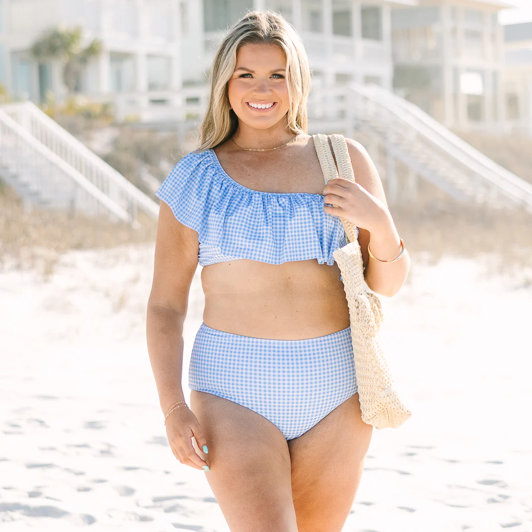 Let's Go Watch The Sunset Swim Top, Blue Gingham - Image 7
