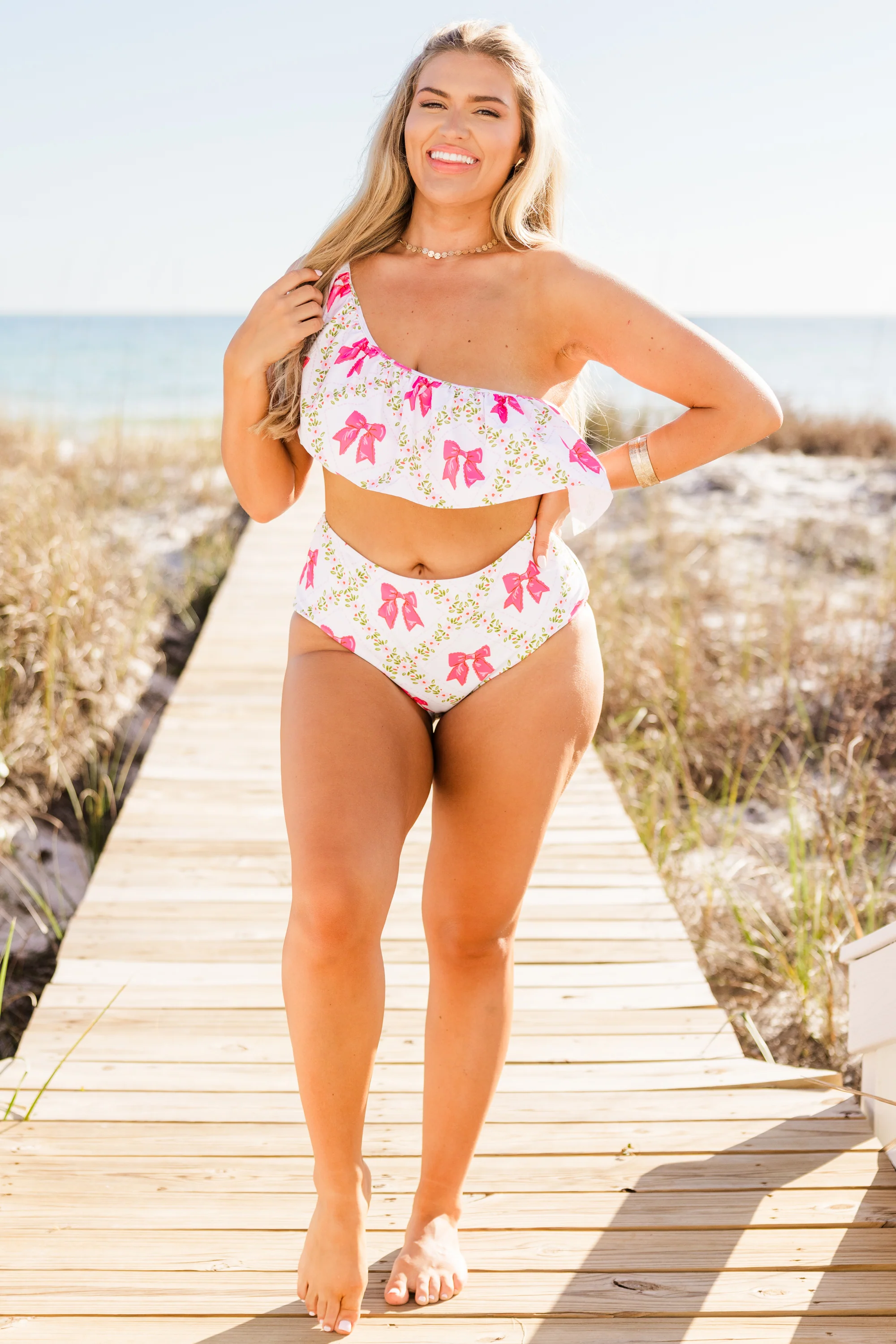 Let's Go Watch The Sunset Swim Top, Pink Bow - Image 3