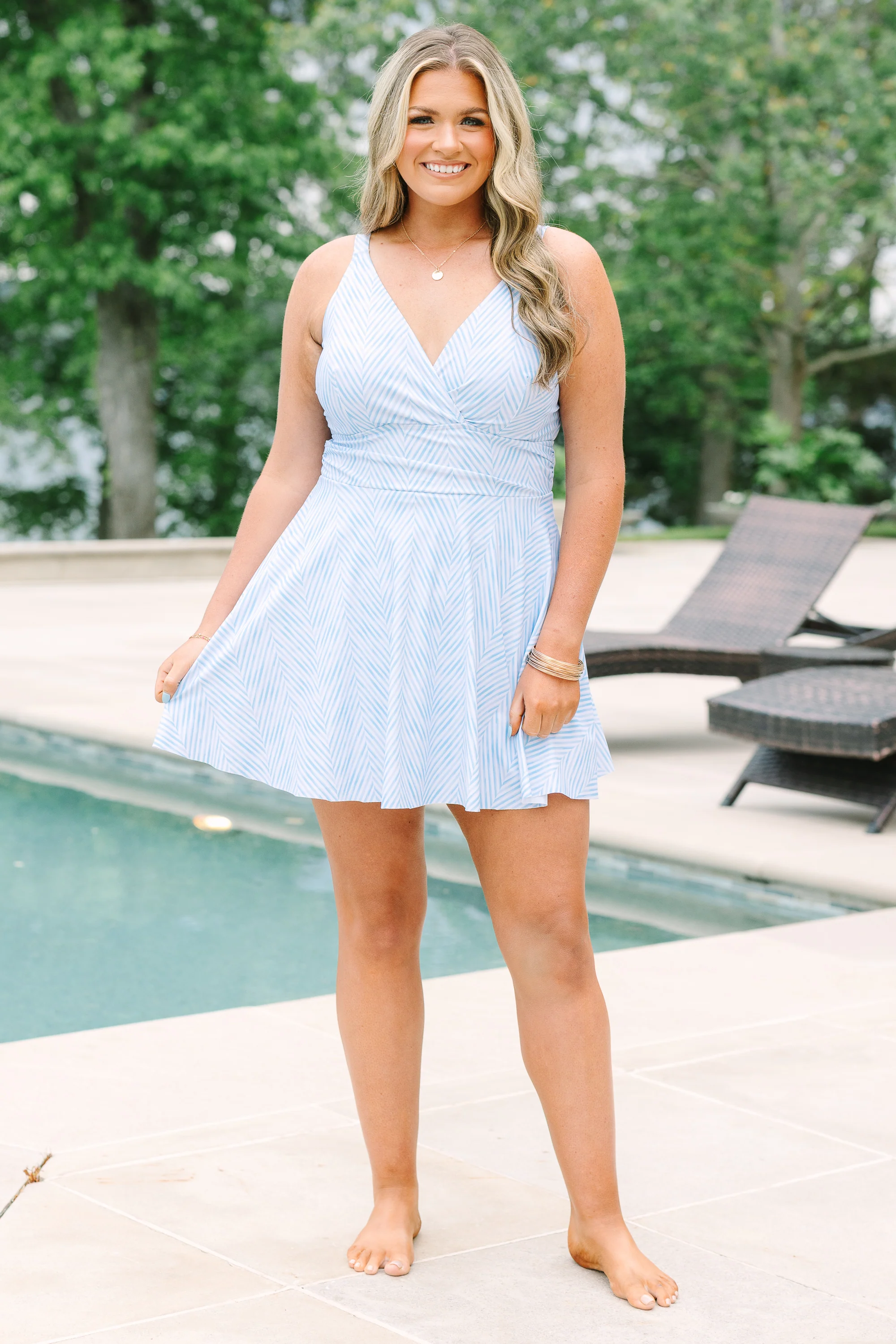 On The Sea Swim Dress, Blue Stripe - Image 3
