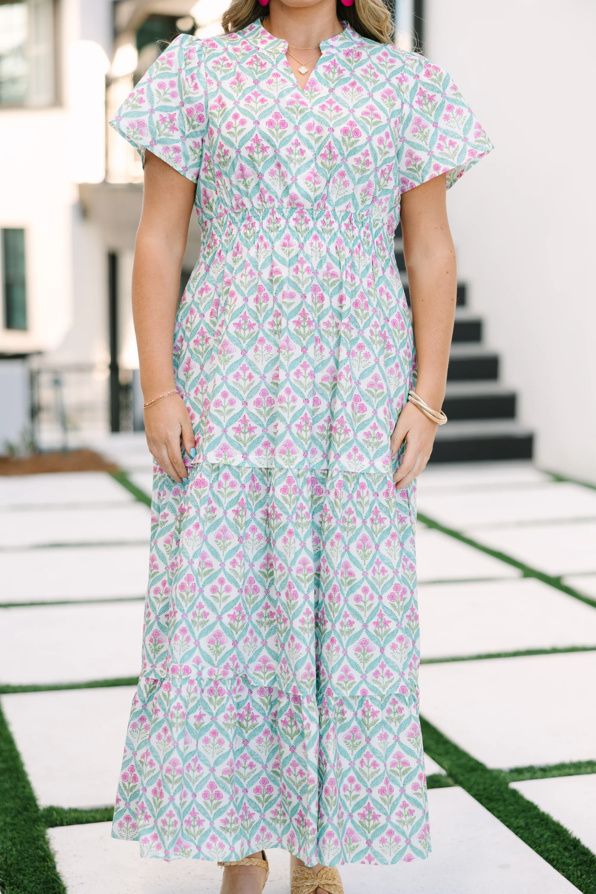 Pleated Petal Maxi Dress, Pink-Green - Image 5