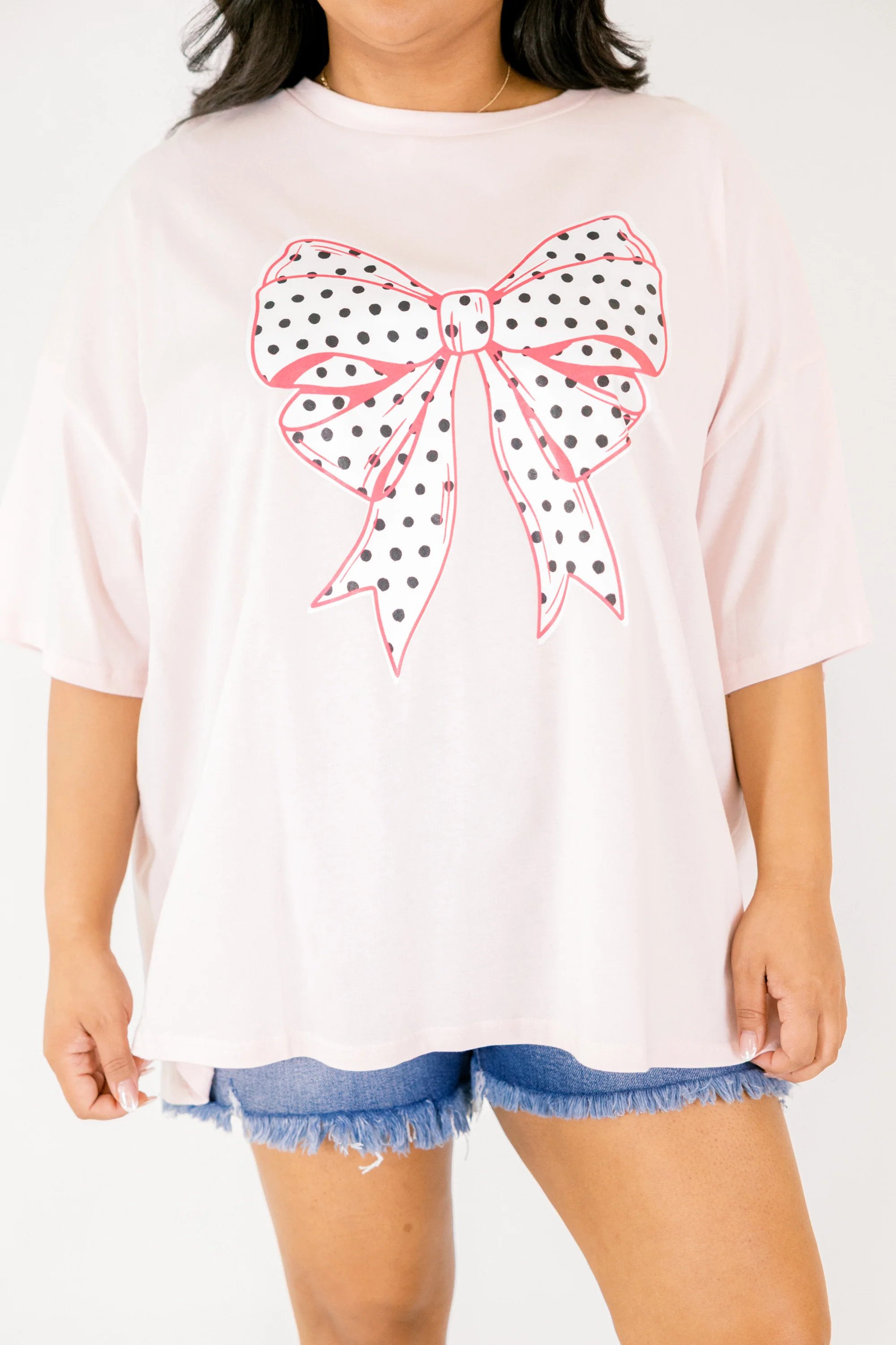 Polka Dot Bow Boyfriend Tee, Cream Pink - Image 4
