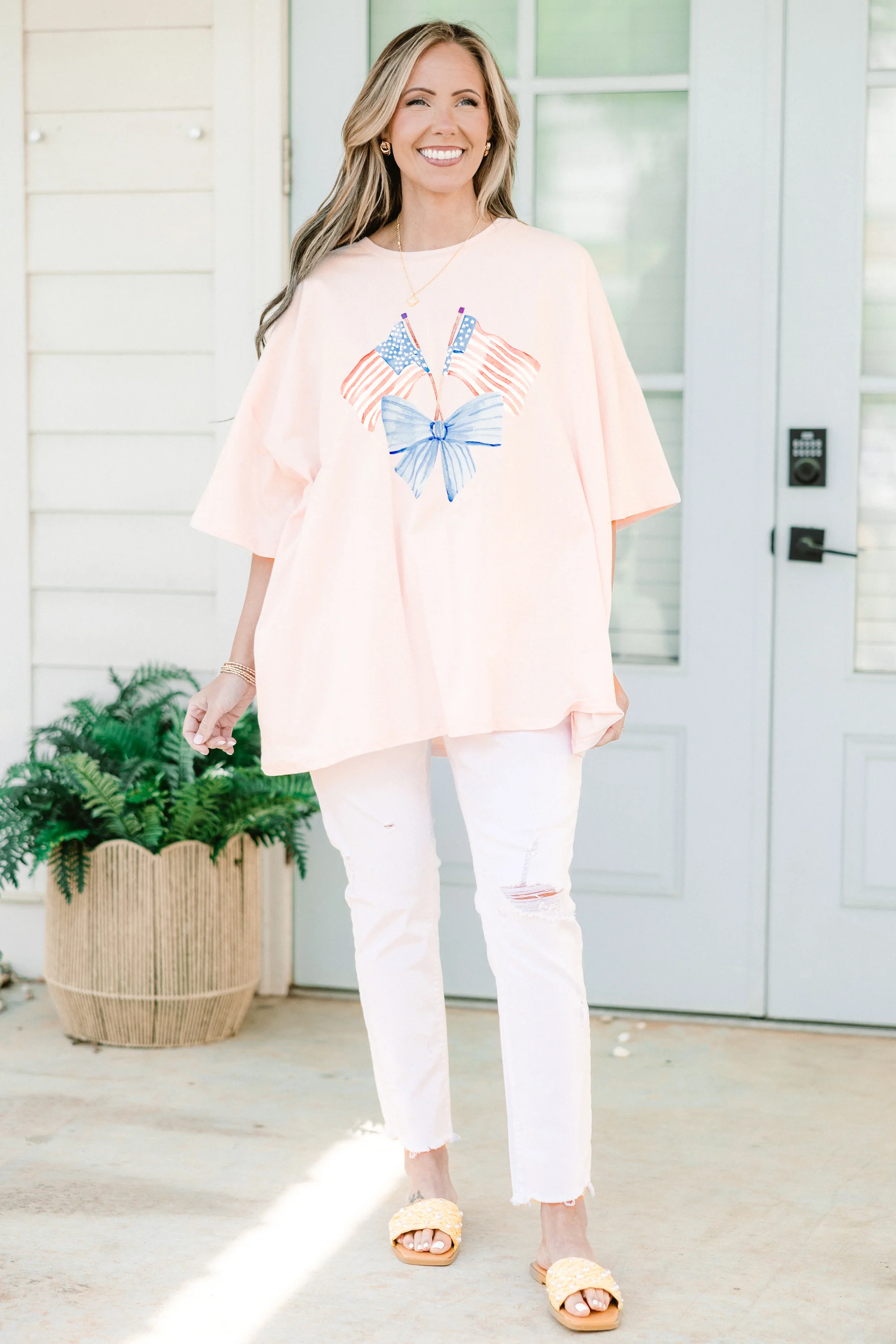 Pretty in Red, White and Blue Boyfriend Tee, Cream Pink - Image 3
