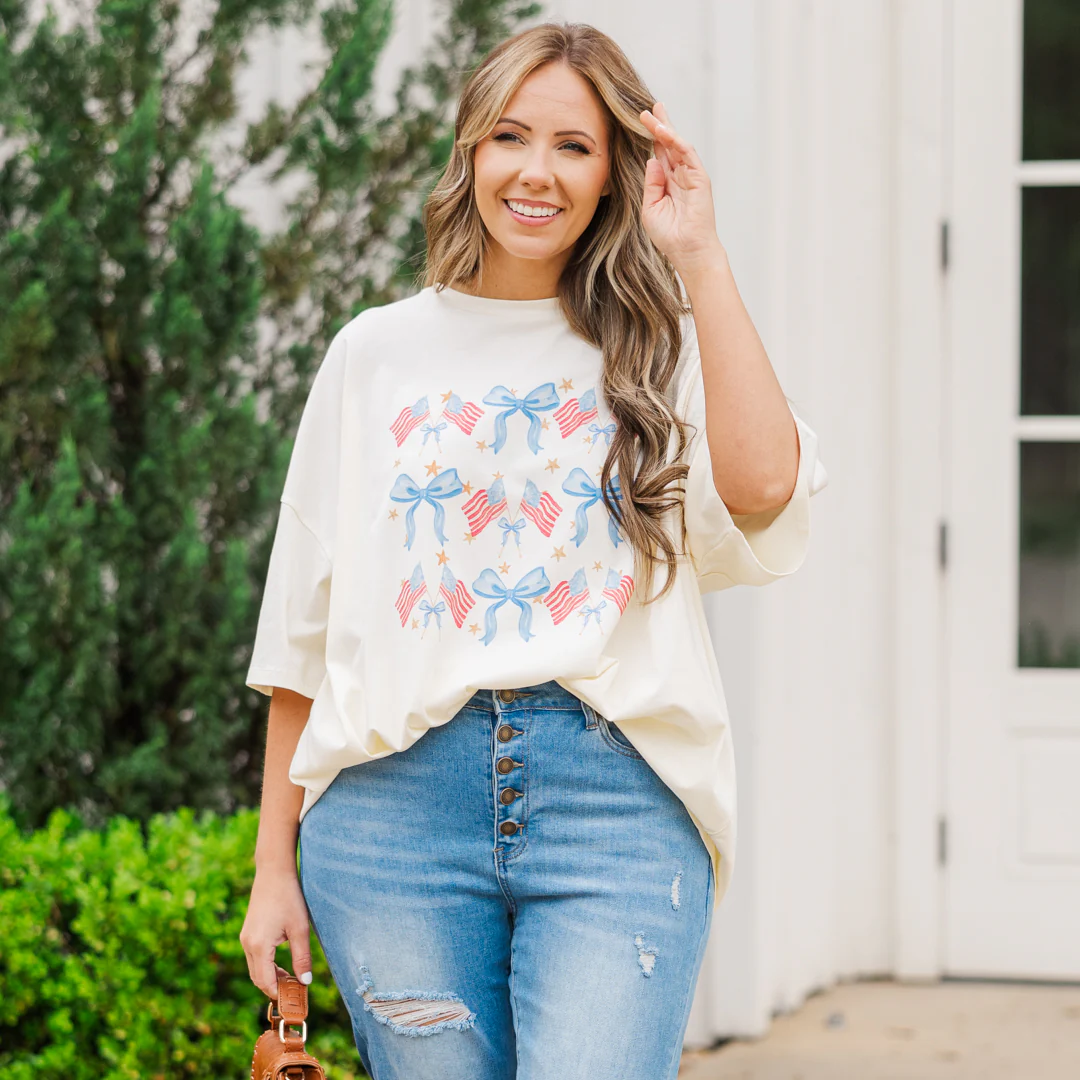 Red, White & Bows Boyfriend Tee, Ivory - Image 6