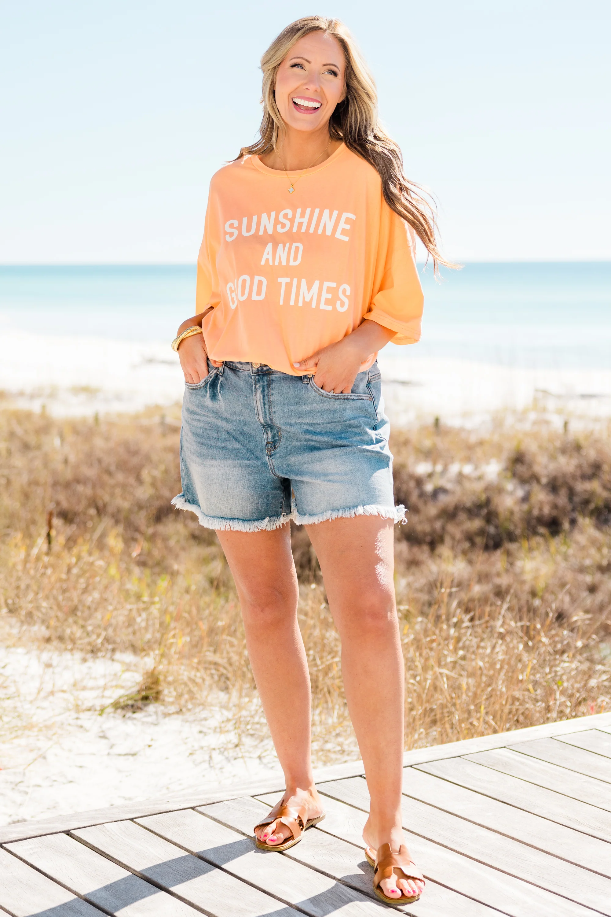 Sunshine and Good Times Boyfriend Tee, Neon Coral - Image 3